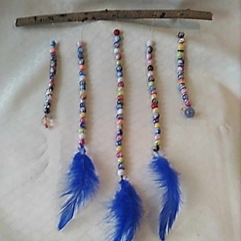 Wall Hanging Colorful Beads Vibrant Royal Blue Feathers On Branch Handcrafted